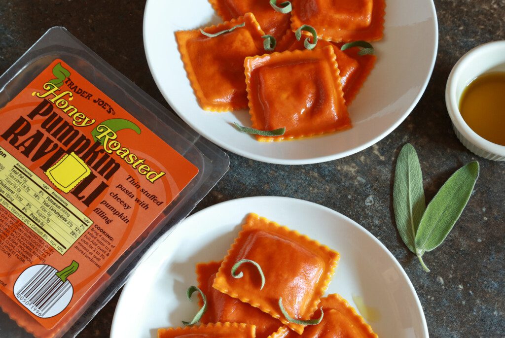 Trader Joe's Honey Roasted Pumpkin Ravioli prepared in pasta bowls with curls of fresh sage on top