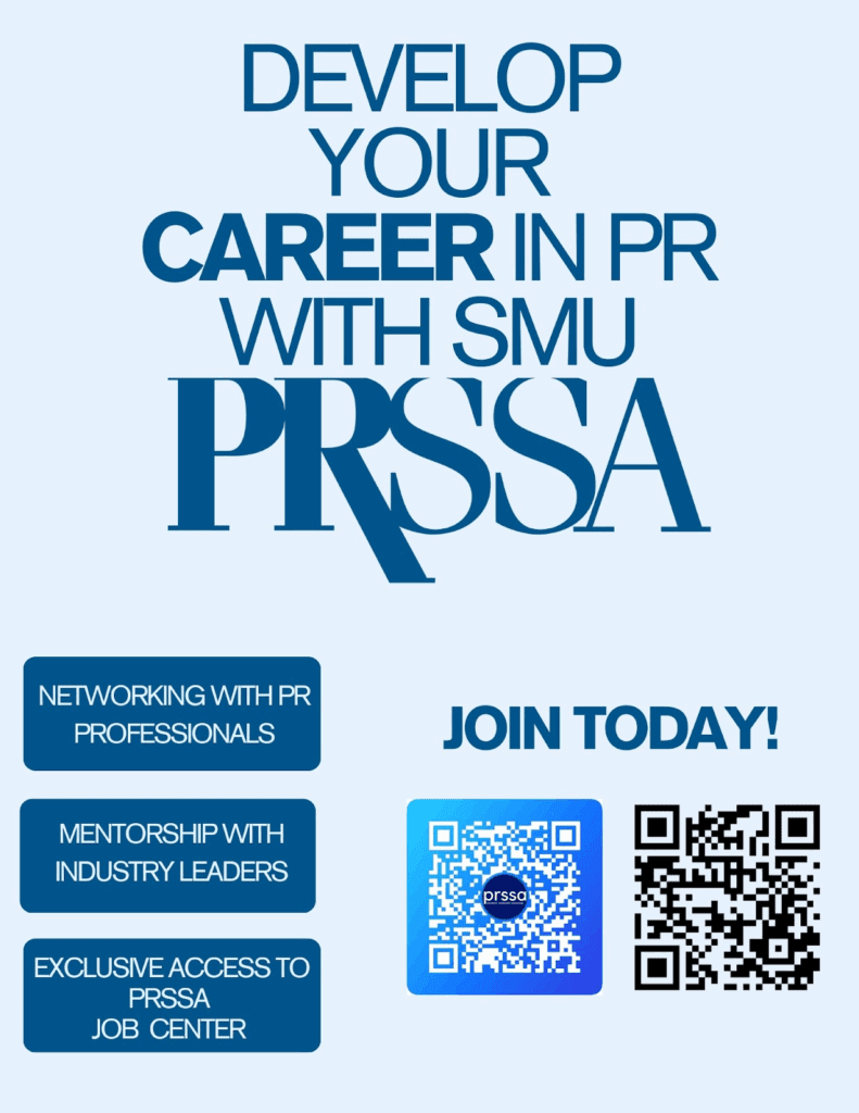 Flyer with information on Public Relations Student Society of America chapter at SMU (SMU PRSSA) with QR codes to join.