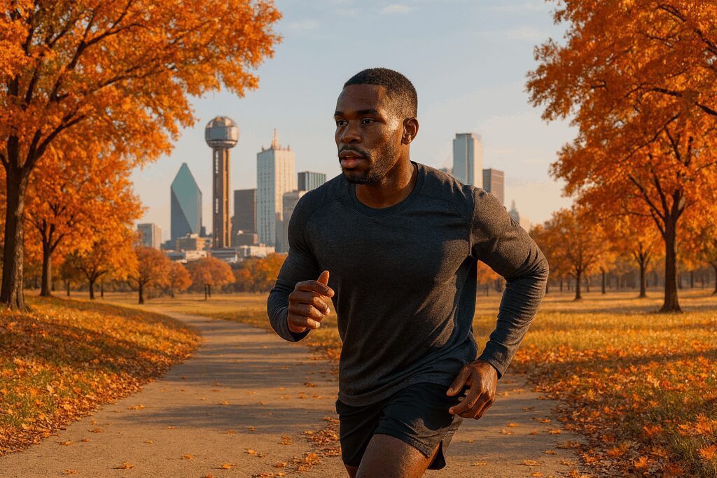 Young man running surrounded by fall foliage with Dallas skyline in the background