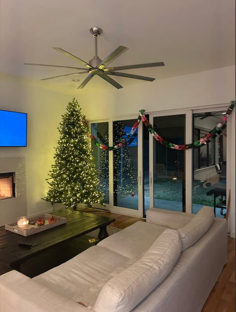 Living room with a Christmas tree in front of a sliding glass door.  Hanging at the top of the glass doors is a paper chain decoration.